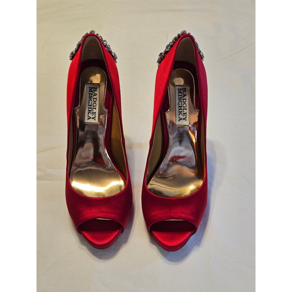 Badgley Mischka Red Satin Peep-Toe Heels with Rhinestone Accent